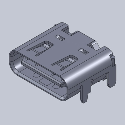 TYPE-CF-16R-01，USB2.0 Type-C連接器 16Pin 本體7.35 4根鐵殼DIP 腳長1.00 輸出端子SMT_鐵殼帶彈帶定位柱