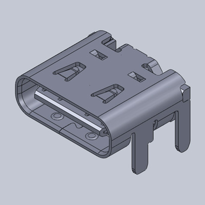 TYPE-CF-16R-03，USB2.0 Type-C連接器 16Pin 本體7.35 4根鐵殼DIP 前腳2.00 後腳2.30 輸出端子SMT_鐵殼帶彈帶定位柱 符合溫寬