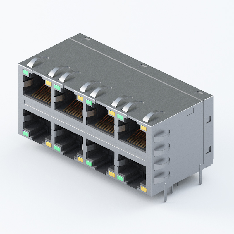 RJ45 8 Port Stacked Connector with LED & Transformer | High-Density ...