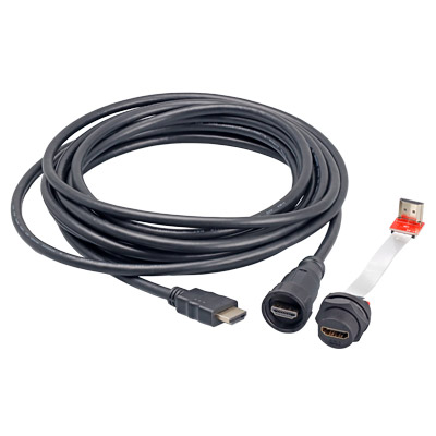 HDMI Type-A Waterproof Panel Mount Male to HDMI Type-A Male Cable Assembly / HDMI Type-A Male to 90° Flip-Cover Rear Panel Mount Waterproof